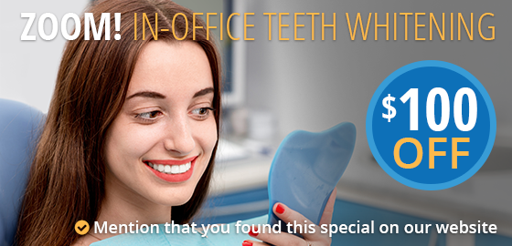 $100 off in office zoom teeth whitening